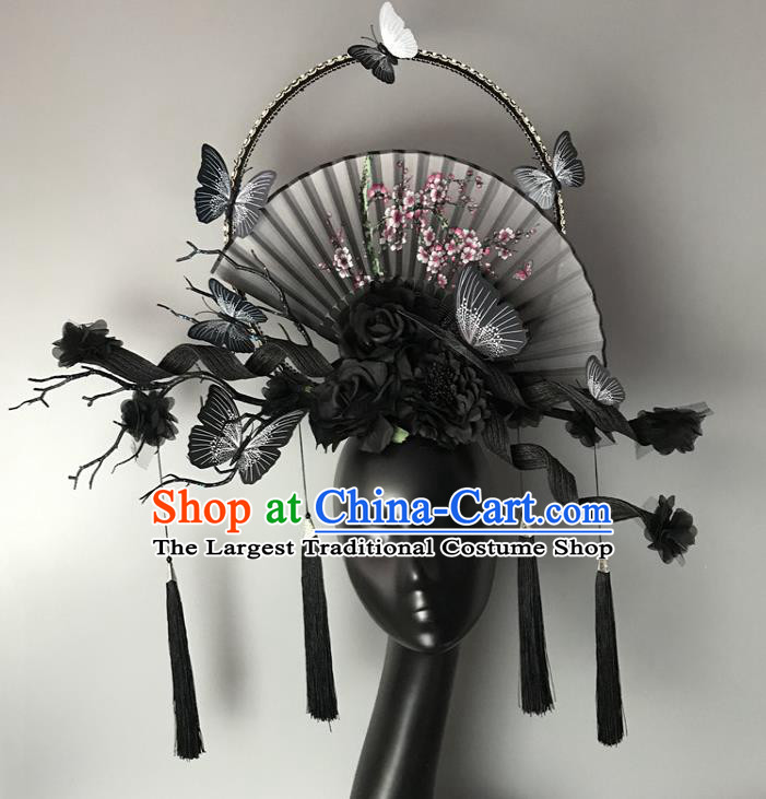 Chinese Traditional Stage Court Fan Tassel Top Hat Cheongsam Catwalks Deluxe Headwear Handmade Fashion Show Giant Black Butterfly Hair Crown