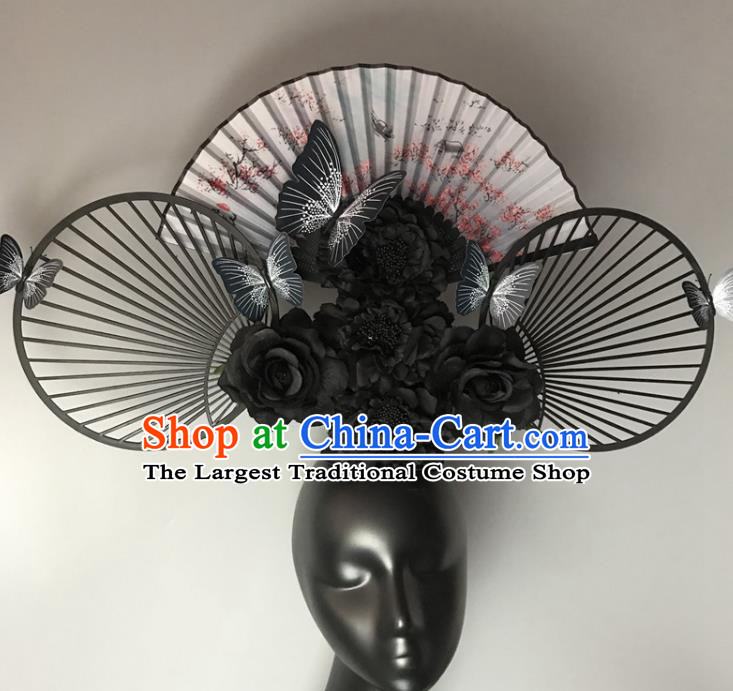 Chinese Handmade Fashion Show Giant Black Flowers Hair Crown Traditional Stage Court Fan Top Hat Cheongsam Catwalks Deluxe Headwear