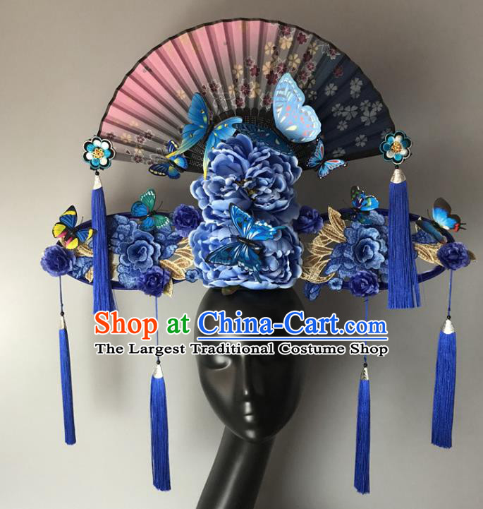 Chinese Cheongsam Catwalks Deluxe Headwear Handmade Fashion Show Giant Blue Peony Hair Crown Traditional Stage Court Fan Top Hat