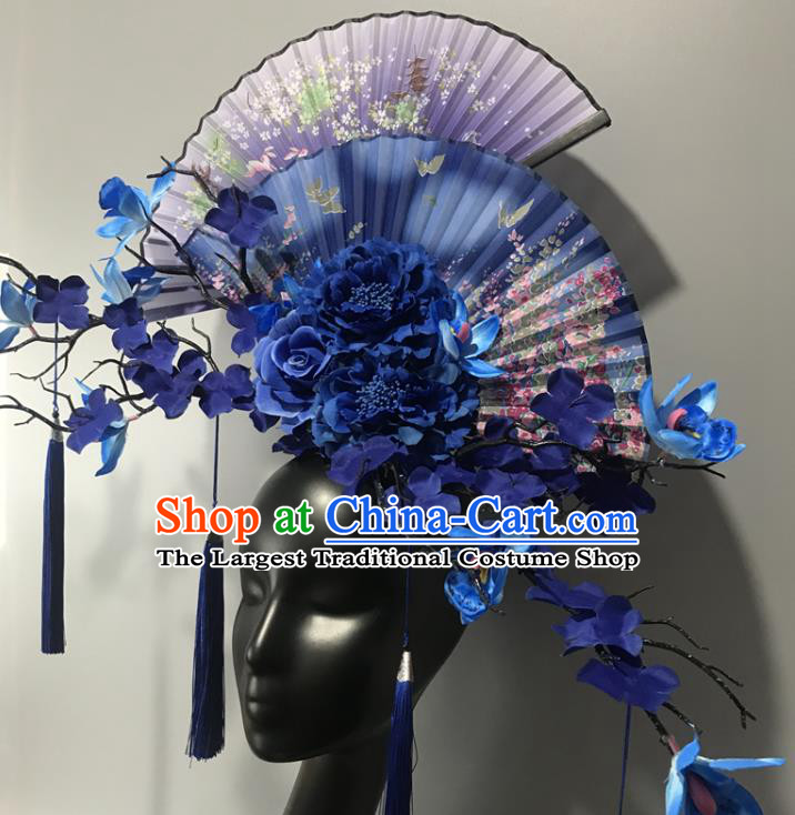 Chinese Traditional Stage Court Fan Top Hat Cheongsam Catwalks Giant Headwear Handmade Fashion Show Blue Peony Hair Crown