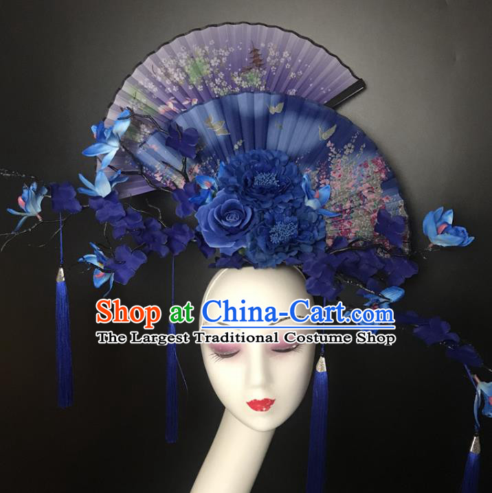 Chinese Traditional Stage Court Fan Top Hat Cheongsam Catwalks Giant Headwear Handmade Fashion Show Blue Peony Hair Crown