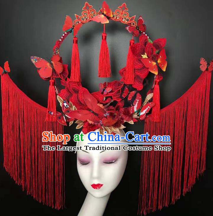 Chinese Handmade Fashion Show Red Tassel Hair Crown Traditional Stage Court Butterfly Top Hat Cheongsam Catwalks Giant Headwear
