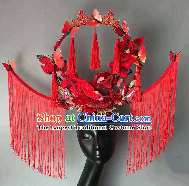 Chinese Handmade Fashion Show Red Tassel Hair Crown Traditional Stage Court Butterfly Top Hat Cheongsam Catwalks Giant Headwear