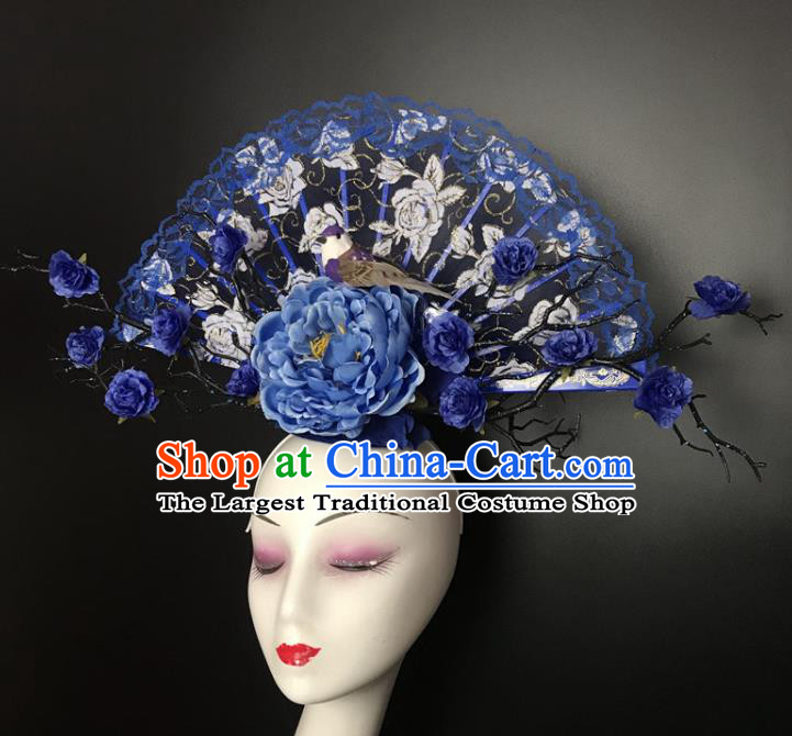 Chinese Cheongsam Catwalks Giant Headwear Handmade Fashion Show Blue Peony Hair Crown Traditional Stage Court Lace Fan Top Hat