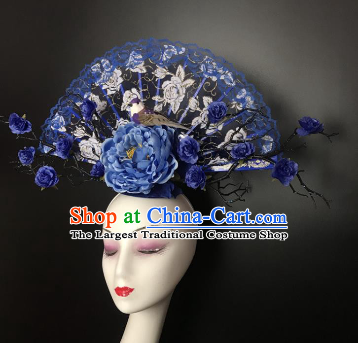 Chinese Cheongsam Catwalks Giant Headwear Handmade Fashion Show Blue Peony Hair Crown Traditional Stage Court Lace Fan Top Hat