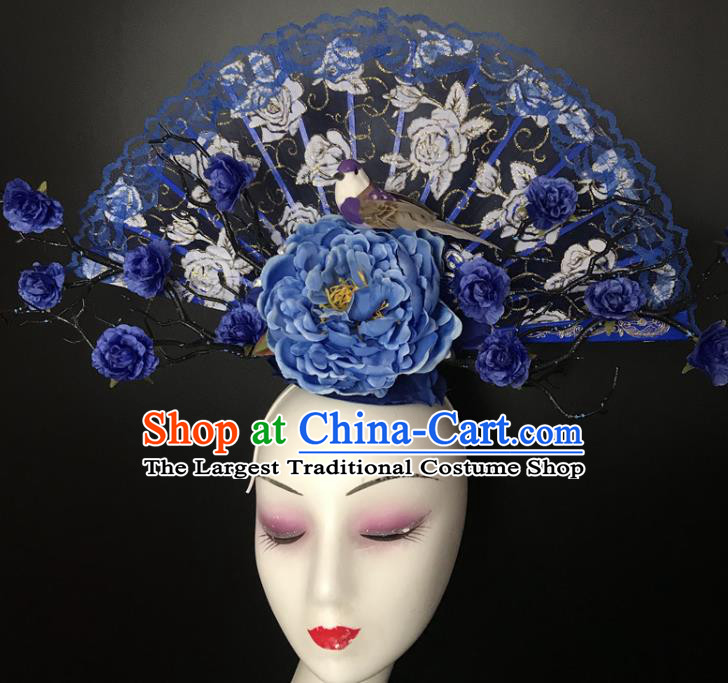 Chinese Cheongsam Catwalks Giant Headwear Handmade Fashion Show Blue Peony Hair Crown Traditional Stage Court Lace Fan Top Hat