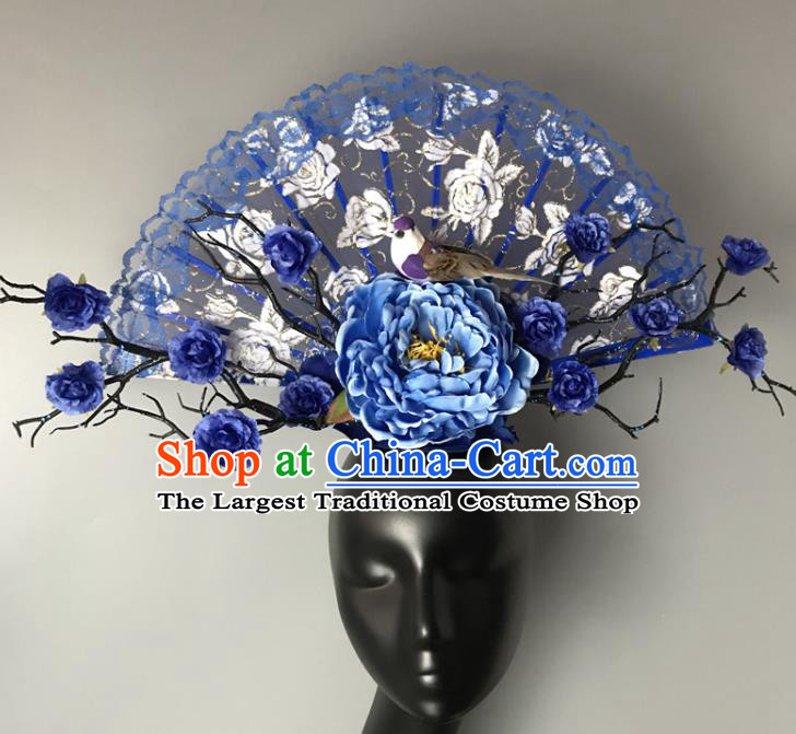 Chinese Cheongsam Catwalks Giant Headwear Handmade Fashion Show Blue Peony Hair Crown Traditional Stage Court Lace Fan Top Hat