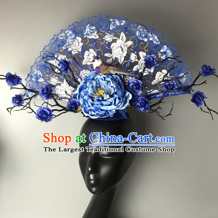 Chinese Cheongsam Catwalks Giant Headwear Handmade Fashion Show Blue Peony Hair Crown Traditional Stage Court Lace Fan Top Hat