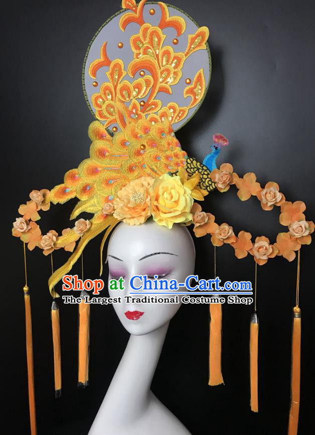 Chinese Traditional Stage Court Yellow Peacock Top Hat Cheongsam Catwalks Giant Headwear Handmade Fashion Show Embroidered Fan Hair Crown