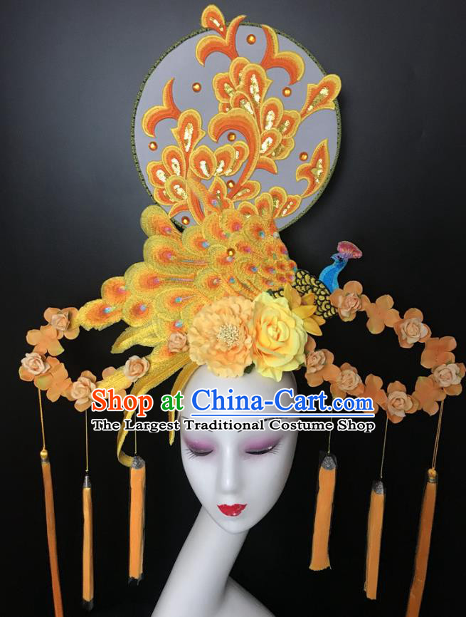Chinese Traditional Stage Court Yellow Peacock Top Hat Cheongsam Catwalks Giant Headwear Handmade Fashion Show Embroidered Fan Hair Crown