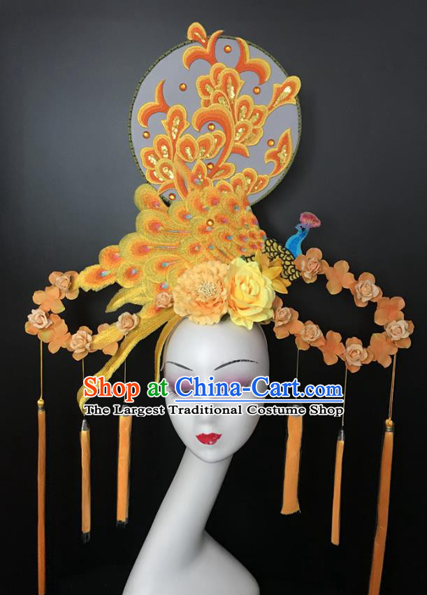Chinese Traditional Stage Court Yellow Peacock Top Hat Cheongsam Catwalks Giant Headwear Handmade Fashion Show Embroidered Fan Hair Crown