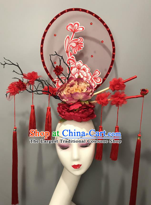 Chinese Cheongsam Catwalks Giant Headdress Handmade Fashion Show Tassel Hair Crown Traditional Stage Court Peony Flowers Top Hat