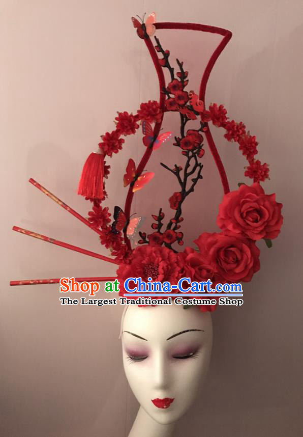 Chinese Traditional Stage Court Red Vase Top Hat Cheongsam Catwalks Giant Headdress Handmade Fashion Show Flowers Hair Crown