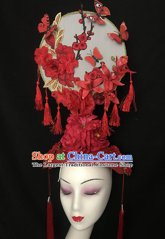 Chinese Cheongsam Catwalks Fashion Giant Headdress Handmade Stage Show Tassel Hair Crown Traditional Court Embroidered Top Hat