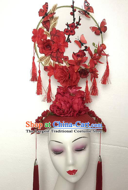 Chinese Cheongsam Catwalks Fashion Giant Headdress Handmade Stage Show Tassel Hair Crown Traditional Court Embroidered Top Hat