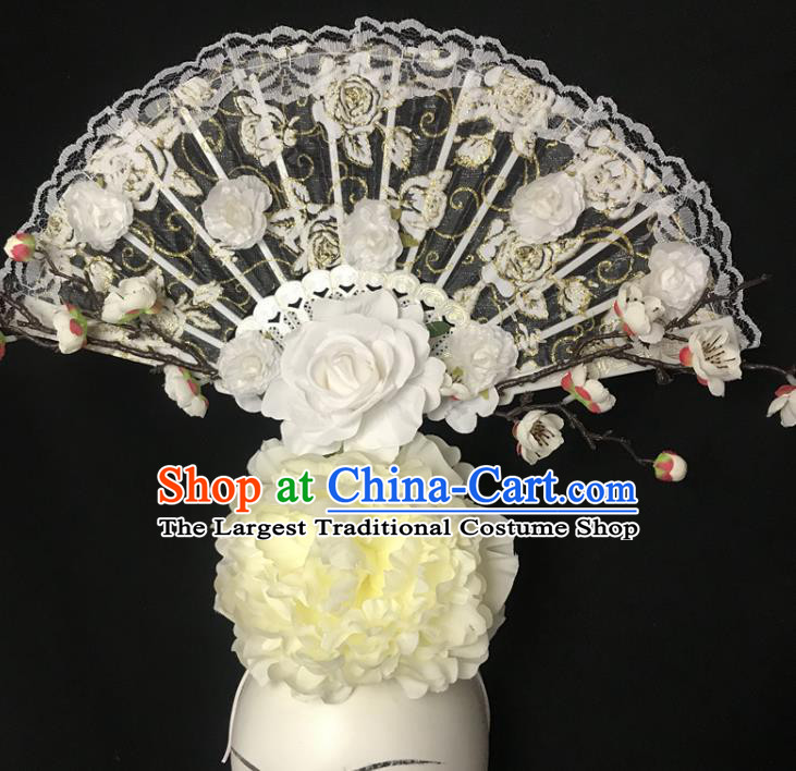 Chinese Handmade Stage Show Beige Peony Hair Crown Traditional Court Lace Fan Top Hat Cheongsam Catwalks Fashion Giant Headdress