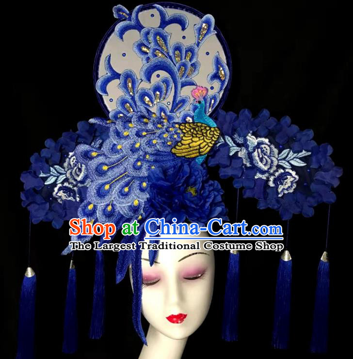 Chinese Handmade Stage Show Blue Peacock Hair Crown Traditional Court Embroidered Tassel Hair Clasp Cheongsam Catwalks Giant Fashion Headdress