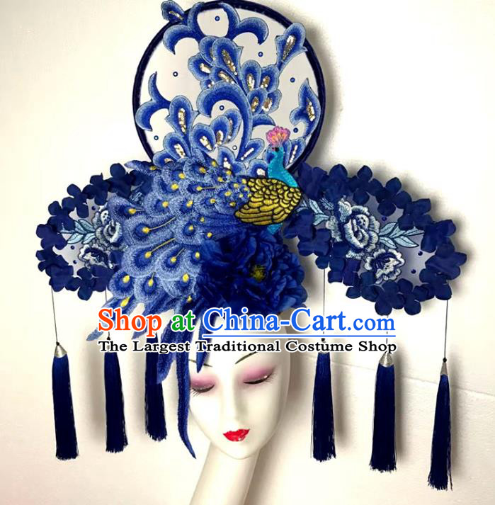 Chinese Handmade Stage Show Blue Peacock Hair Crown Traditional Court Embroidered Tassel Hair Clasp Cheongsam Catwalks Giant Fashion Headdress