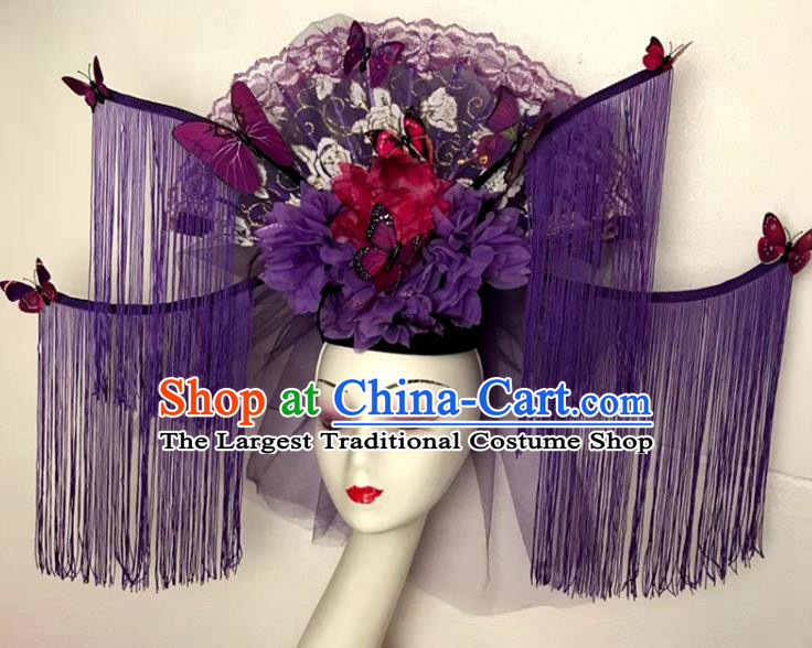 Chinese Cheongsam Catwalks Giant Fashion Headdress Handmade Stage Show Purple Tassel Hair Crown Traditional Court Lace Fan Hair Clasp