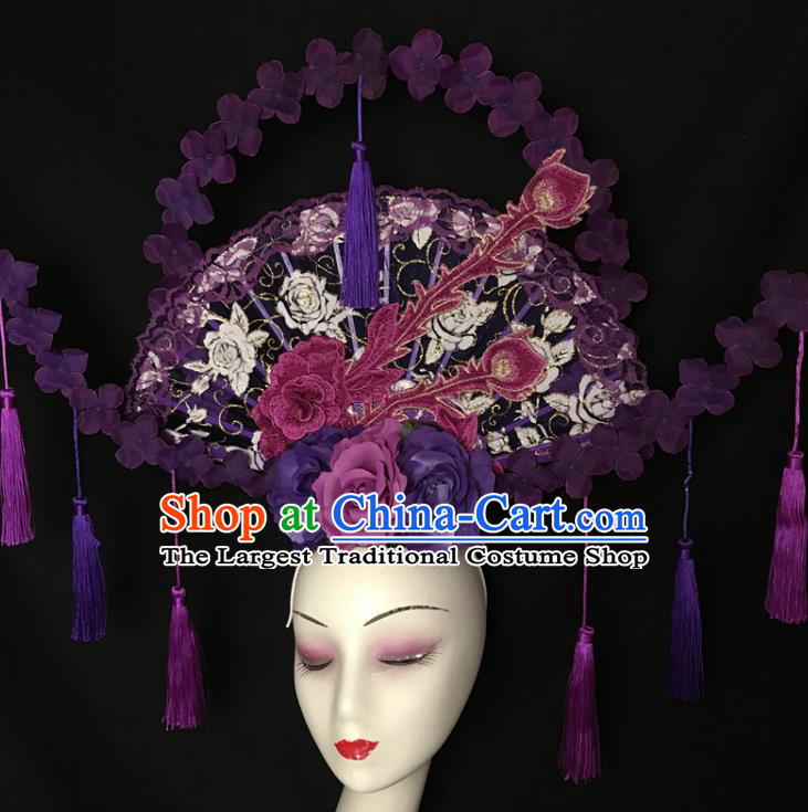 Chinese Handmade Stage Show Lace Fan Hair Crown Traditional Court Purple Flowers Hair Clasp Cheongsam Catwalks Giant Fashion Headdress