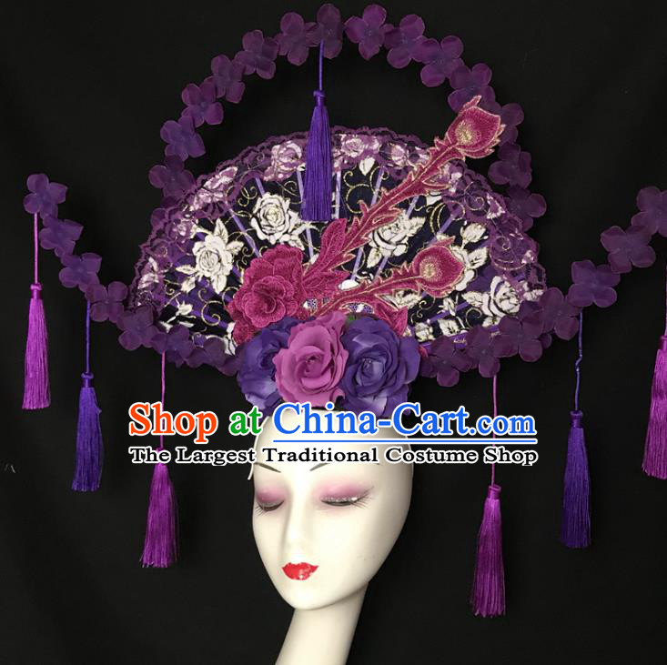 Chinese Handmade Stage Show Lace Fan Hair Crown Traditional Court Purple Flowers Hair Clasp Cheongsam Catwalks Giant Fashion Headdress