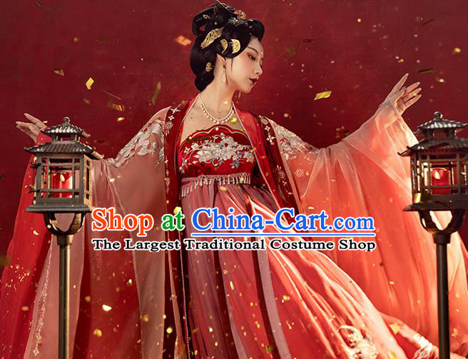 China Traditional Tang Dynasty Red Hanfu Dress Ancient Imperial Concubine Embroidered Historical Garments Clothing
