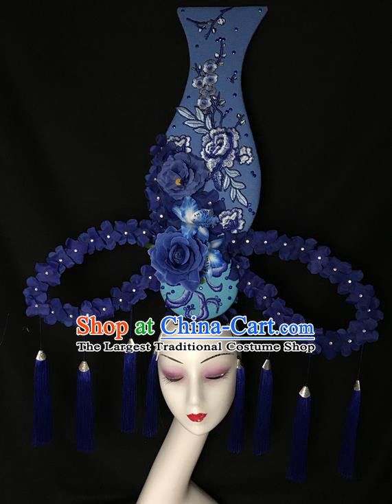 Chinese Catwalks Giant Fashion Headdress Handmade Cheongsam Stage Show Blue Flowers Vase Hair Crown Traditional Court Tassel Hair Clasp