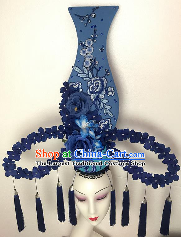 Chinese Catwalks Giant Fashion Headdress Handmade Cheongsam Stage Show Blue Flowers Vase Hair Crown Traditional Court Tassel Hair Clasp