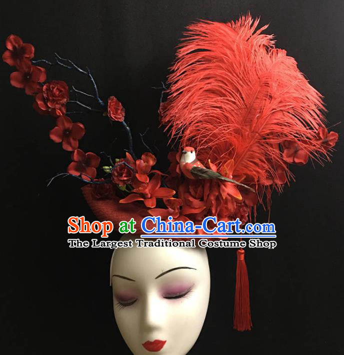 Top Halloween Cosplay Queen Hair Accessories Catwalks Red Feather Royal Crown Rio Carnival Top Hat Brazil Parade Headdress