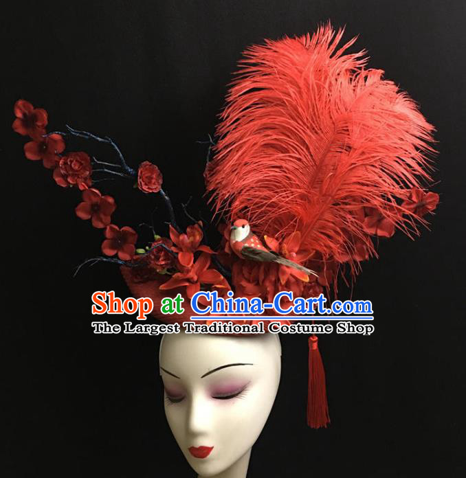 Top Halloween Cosplay Queen Hair Accessories Catwalks Red Feather Royal Crown Rio Carnival Top Hat Brazil Parade Headdress