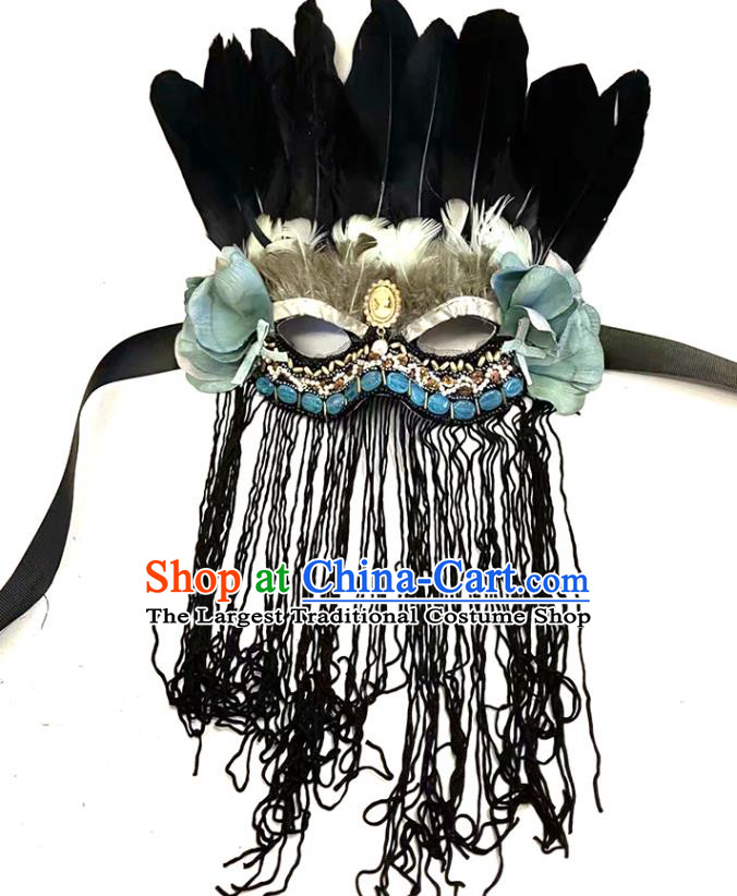 Handmade Brazil Carnival Feather Mask Halloween Cosplay Black Tassel Full Face Mask Christmas Costume Party Headpiece