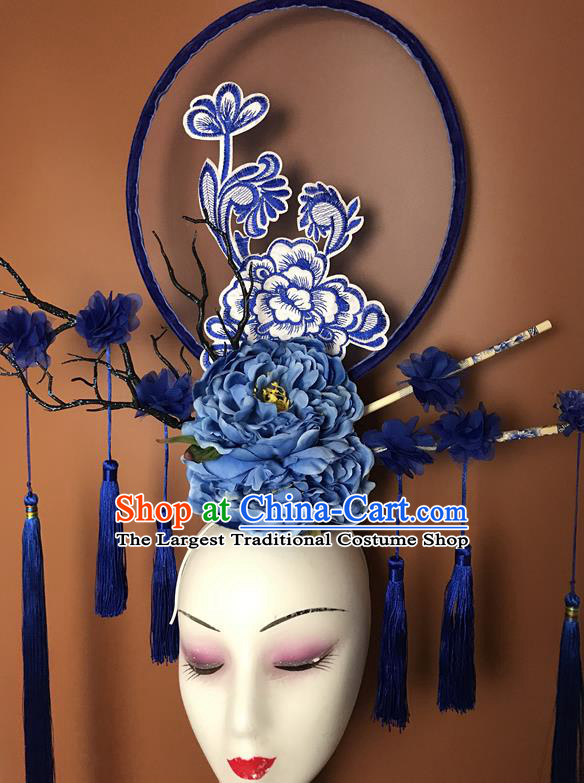China Qipao Catwalks Bride Headdress Handmade Wedding Fashion Headwear Stage Show Tassel Hair Crown Court Blue Peony Hair Clasp