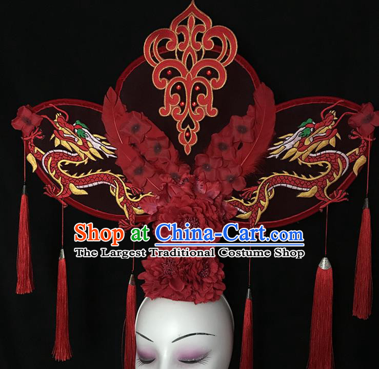 China Qipao Catwalks Bride Headdress Handmade Wedding Fashion Headwear Stage Show Red Peony Hair Crown Court Dragon Hair Clasp
