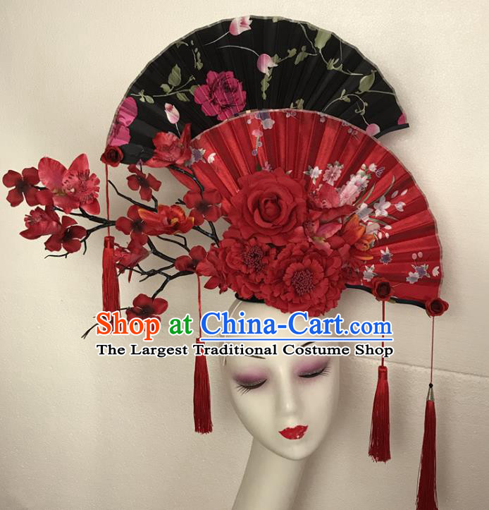 China Court Fan Tassel Hair Clasp Qipao Catwalks Bride Headdress Handmade Wedding Fashion Headwear Stage Show Red Peony Hair Crown