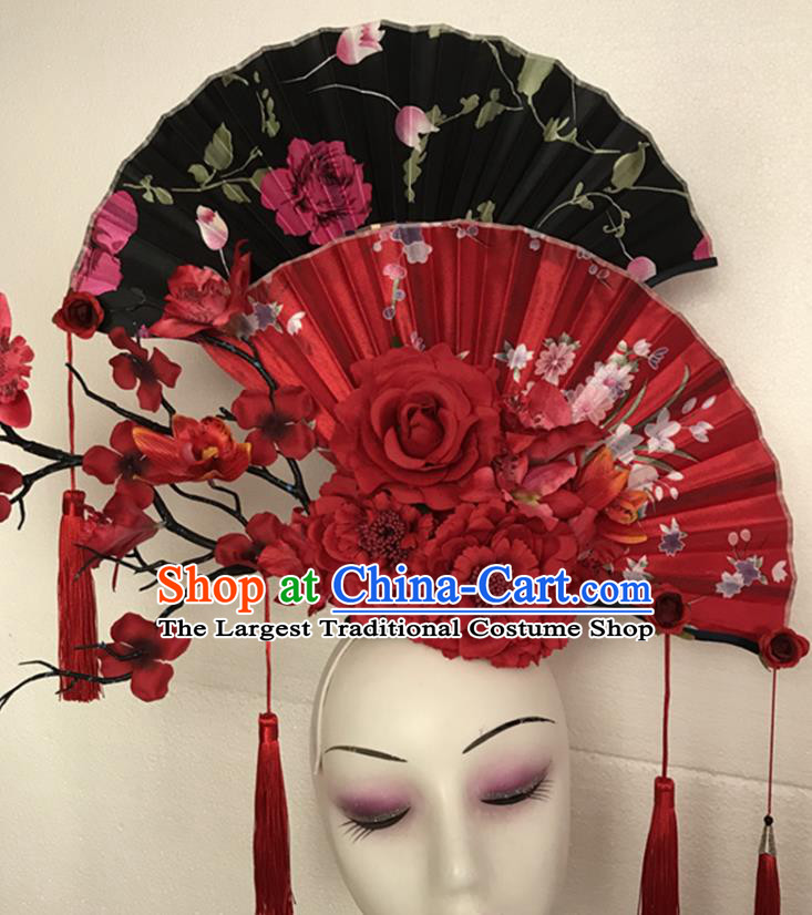 China Court Fan Tassel Hair Clasp Qipao Catwalks Bride Headdress Handmade Wedding Fashion Headwear Stage Show Red Peony Hair Crown