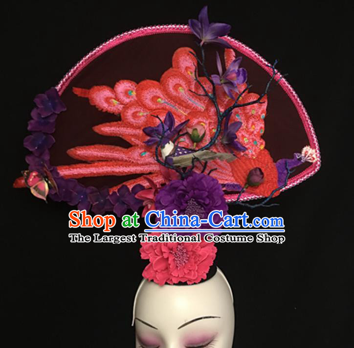 China Handmade Wedding Headwear Stage Show Embroidered Peacock Hair Crown Court Fan Tassel Hair Clasp Qipao Catwalks Fashion Headdress