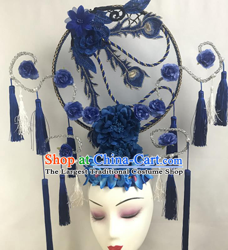 China Qipao Catwalks Fashion Headdress Handmade Wedding Headwear Stage Show Embroidered Royalblue Hair Crown Court Fan Tassel Hair Clasp