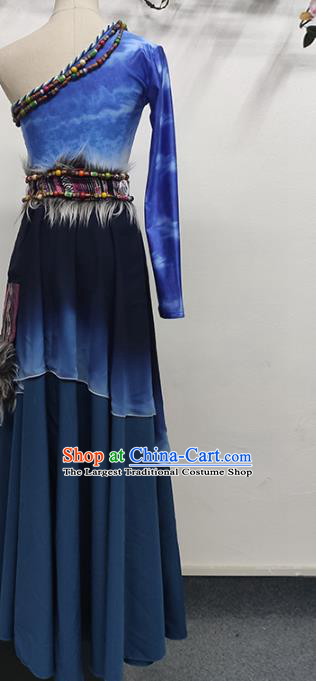 China Tibetan Dance Blue Dress Zang Nationality Folk Dance Clothing Ethnic Stage Performance Garments