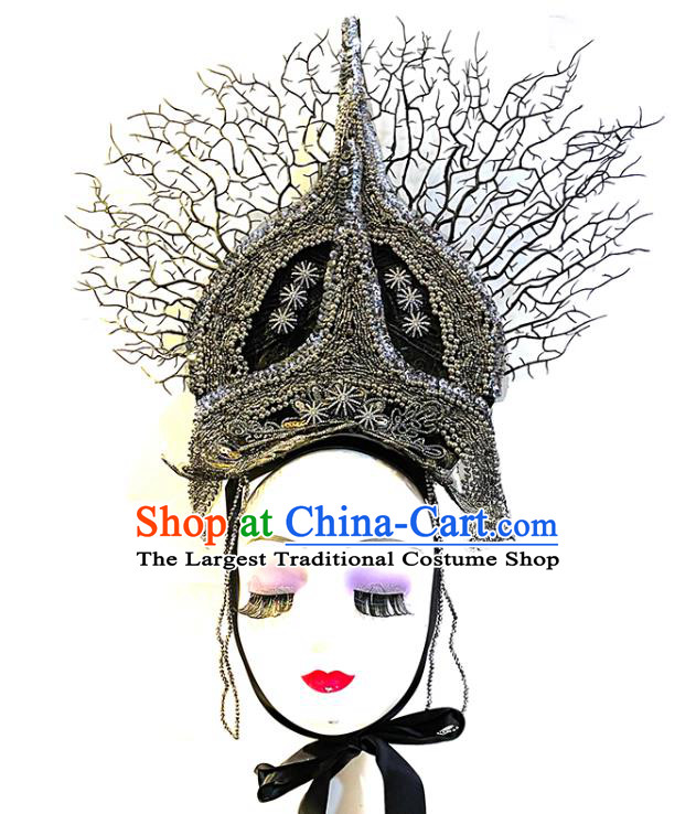 Top Halloween Catwalks Royal Crown Carnival Parade Headdress Baroque Queen Black Hat Cosplay Goddess Hair Accessories