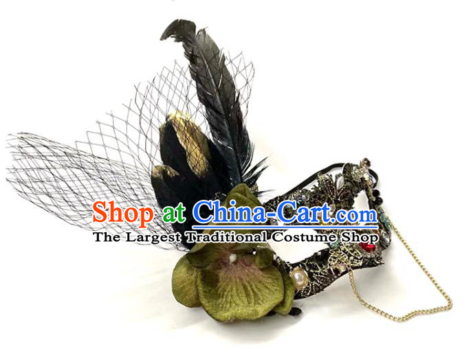 Handmade Costume Party Black Feather Blinder Gothic Queen Headpiece Brazil Carnival Mask Halloween Cosplay Crystal Face Mask