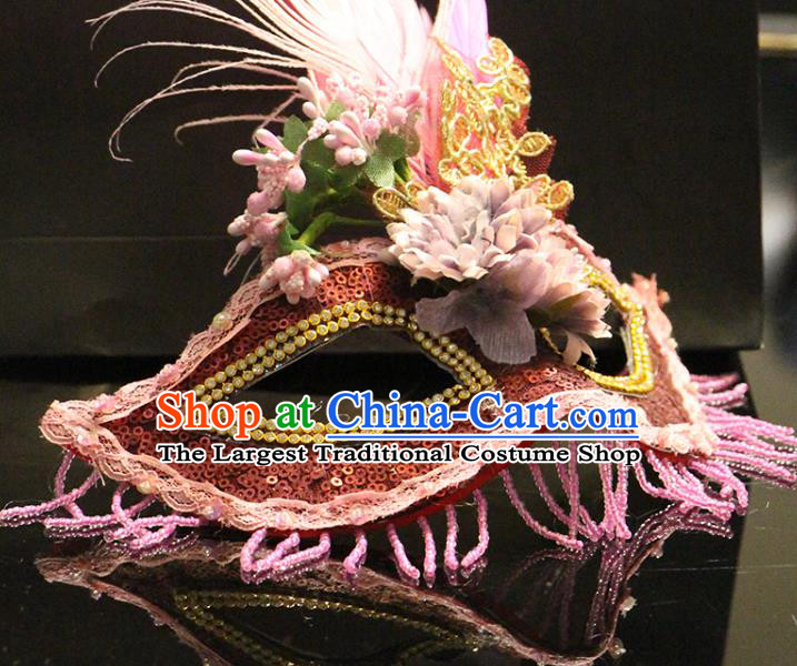 Handmade Brazil Carnival Pink Feather Mask Halloween Cosplay Tassel Face Mask Costume Party Red Sequins Blinder Baroque Princess Headpiece