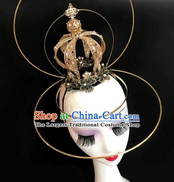 Top Halloween Catwalks Golden Royal Crown Carnival Parade Headdress Baroque Bride Hair Clasp Cosplay Princess Hair Accessories