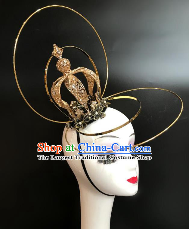 Top Halloween Catwalks Golden Royal Crown Carnival Parade Headdress Baroque Bride Hair Clasp Cosplay Princess Hair Accessories