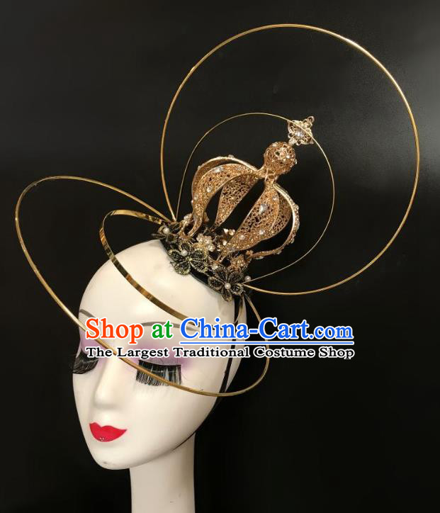 Top Halloween Catwalks Golden Royal Crown Carnival Parade Headdress Baroque Bride Hair Clasp Cosplay Princess Hair Accessories
