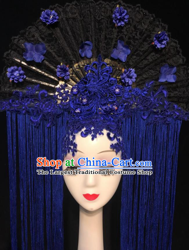 China Court Blue Tassel Hair Clasp Qipao Catwalks Deluxe Headdress Handmade Bride Fashion Headwear Stage Show Black Lace Fan Hair Crown