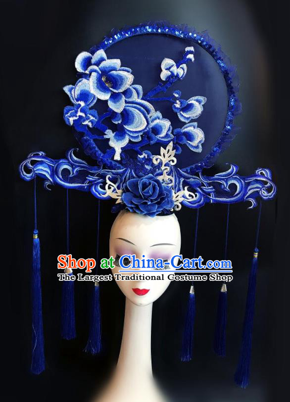 China Stage Show Embroidered Mangnolia Hair Crown Court Blue Tassel Hair Clasp Qipao Catwalks Deluxe Headdress Handmade Bride Fashion Headwear