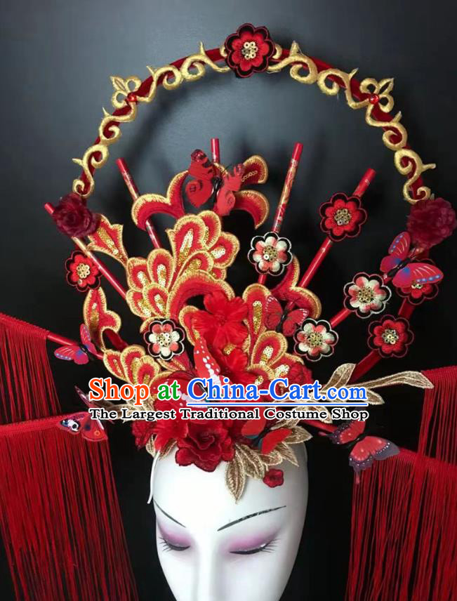 China Qipao Catwalks Tassel Headdress Handmade Bride Fashion Headwear Stage Show Embroidered Red Hair Crown Court Tassel Hair Clasp