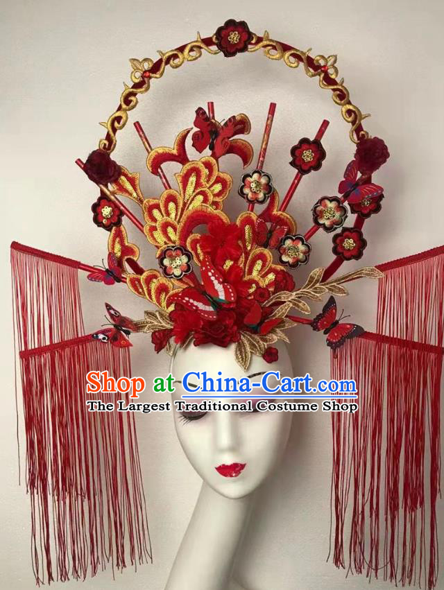 China Qipao Catwalks Tassel Headdress Handmade Bride Fashion Headwear Stage Show Embroidered Red Hair Crown Court Tassel Hair Clasp