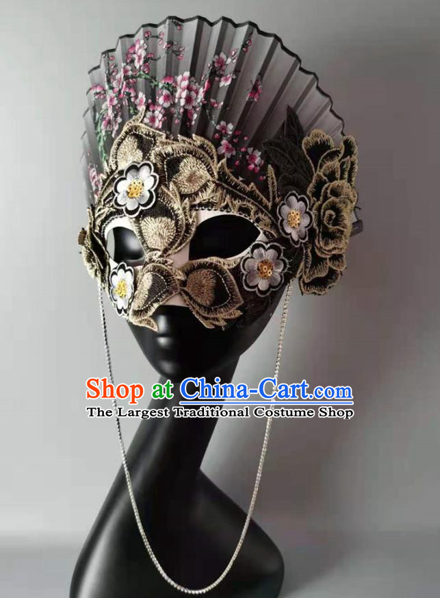 Handmade Brazil Carnival Black Fan Mask Halloween Cosplay Embroidered Face Mask Costume Party Baroque Headpiece