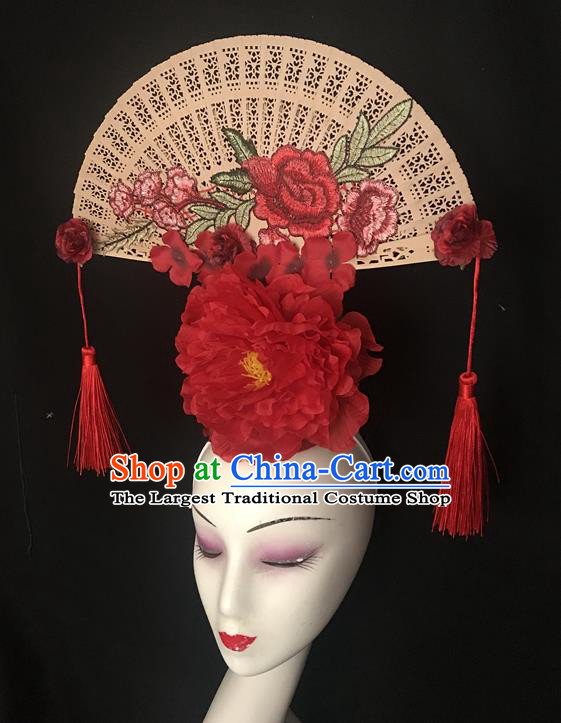 China Court Red Peony Hair Clasp Qipao Catwalks Tassel Headdress Handmade Bride Fashion Headwear Stage Show Folding Fan Hair Crown